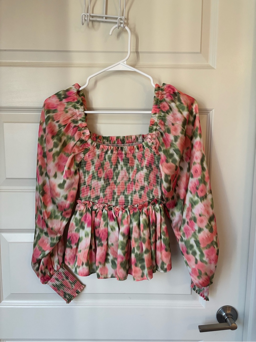 Rachel Parcell Pink & Green Floral Smocked Peplum Blouse